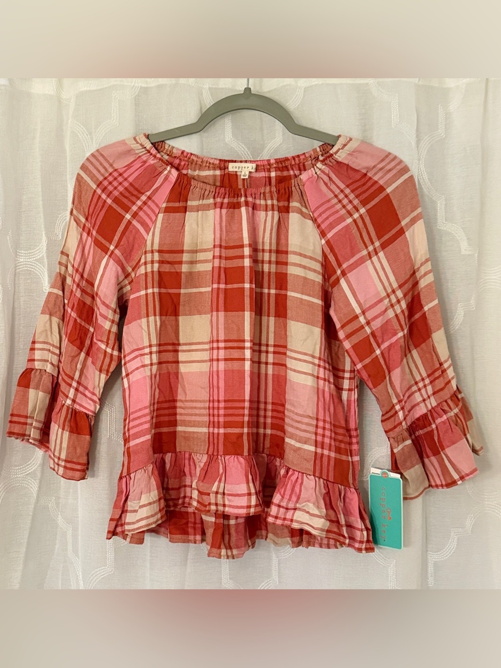 Copper Key Large NWT Rust Pink Plaid Ruffle Sleeve Blouse